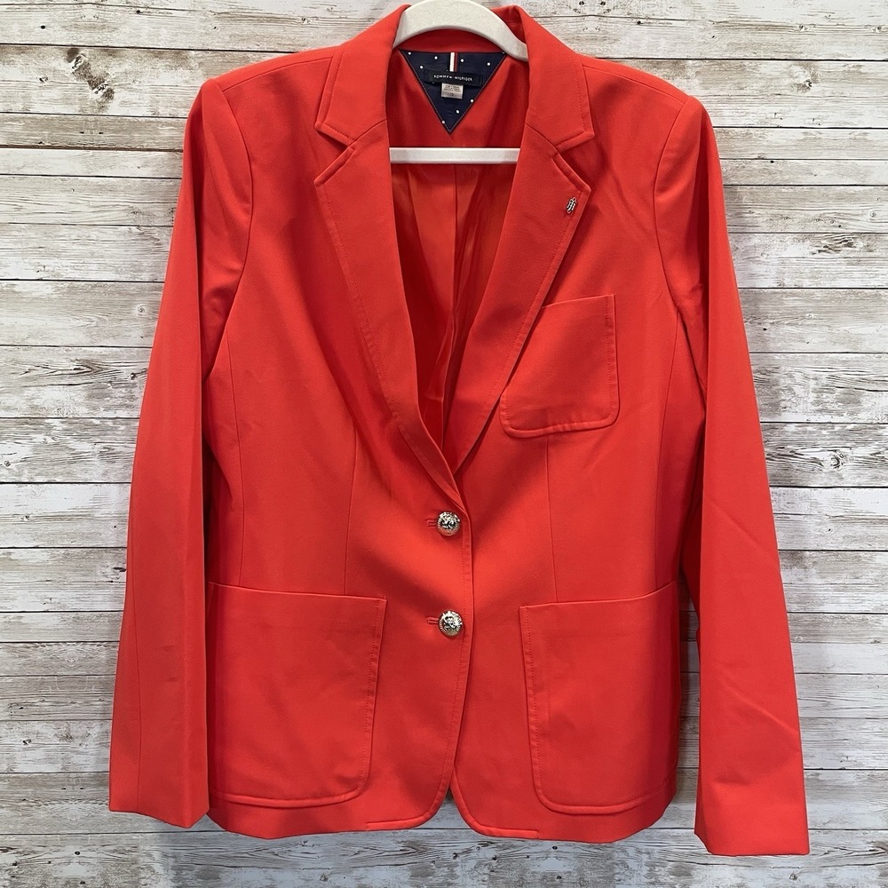 Tommy Hilfiger Womens 12 Blazer Classic Red 2 Button Silver Lapel‎ Logo Lined - Picture 2 of 10